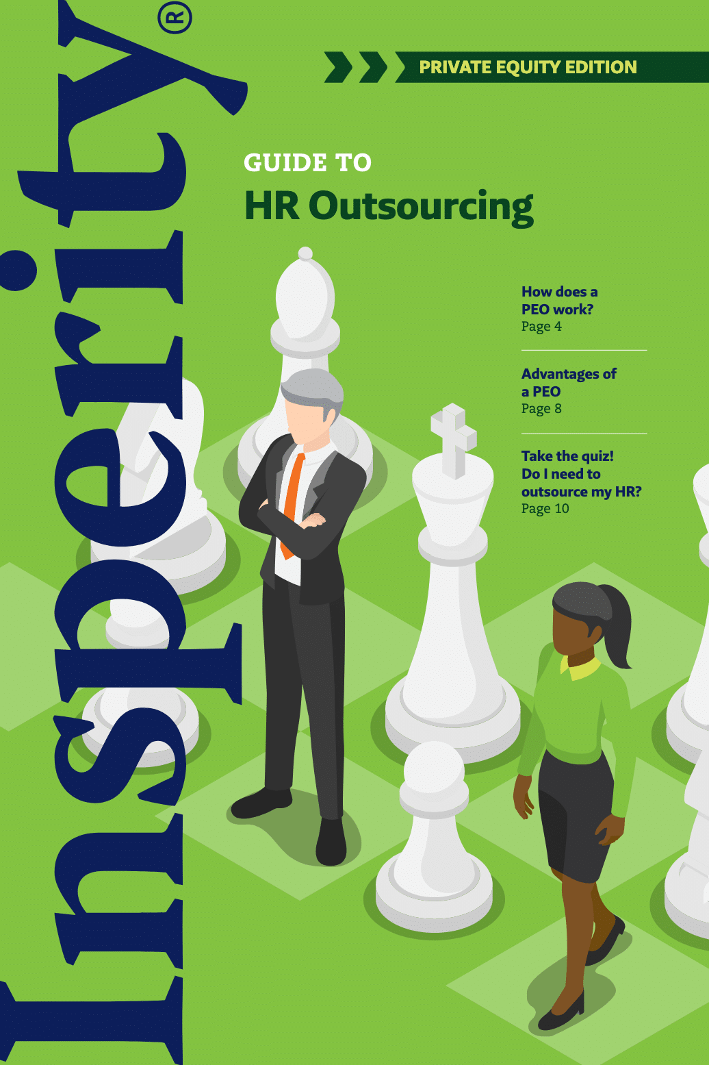 Cover of 'Guide to HR Outsourcing - Private Equity Edition' by Insperity. Features two business people and white chess pieces on a green chess board background, with text about PEOs and HR outsourcing.